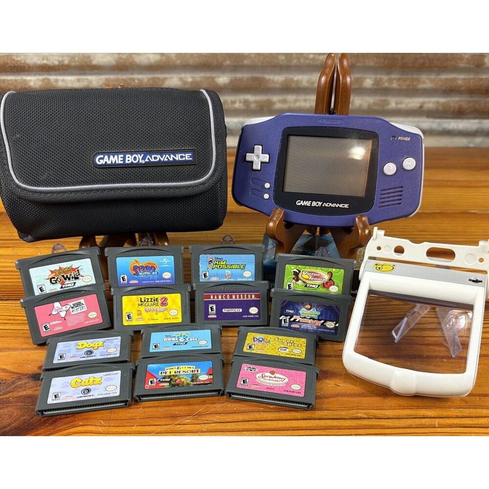 Nintendo Game Boy Advance Handheld HUGE BUNDLE Purple Indigo 14 Games PLUS!